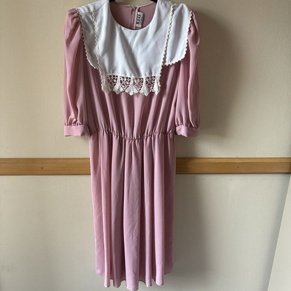 VTG 70s R.E.O. Pink Prairie Dress Lace Collar Puff Sleeve Midi Cottagecore Sz 14